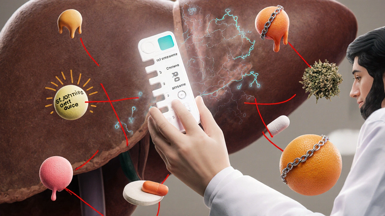 Un pharmacien montre un test génétique qui projette une carte des enzymes CYP450 au-dessus d&#039;un patient, entouré d&#039;interactions médicamenteuses.