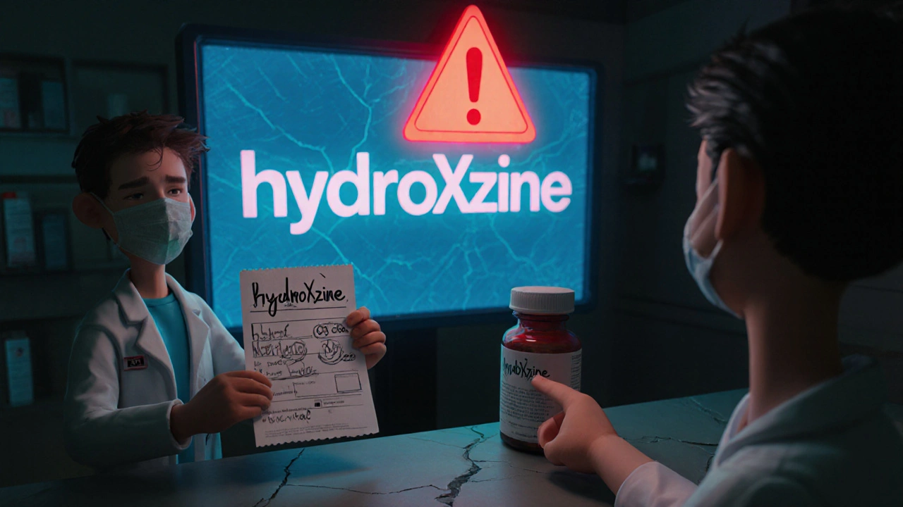 Un pharmacien vérifie une ordonnance manuscrite tandis qu&#039;un écran affiche le nom en minuscules, avec une alerte rouge.