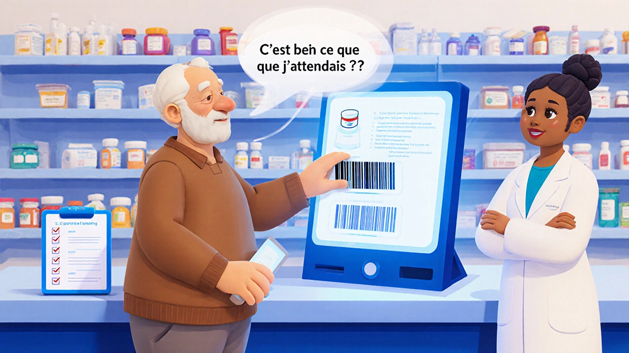 Un senior utilise une borne numérique en pharmacie pour vérifier son médicament via une projection holographique.