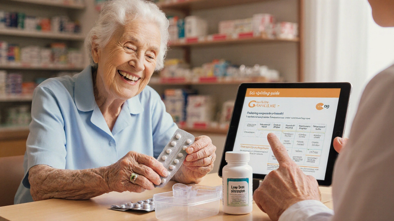 Une personne âgée reçoit un comprimé à faible dose de son pharmacien, avec un diviseur propre et un contenant hermétique.