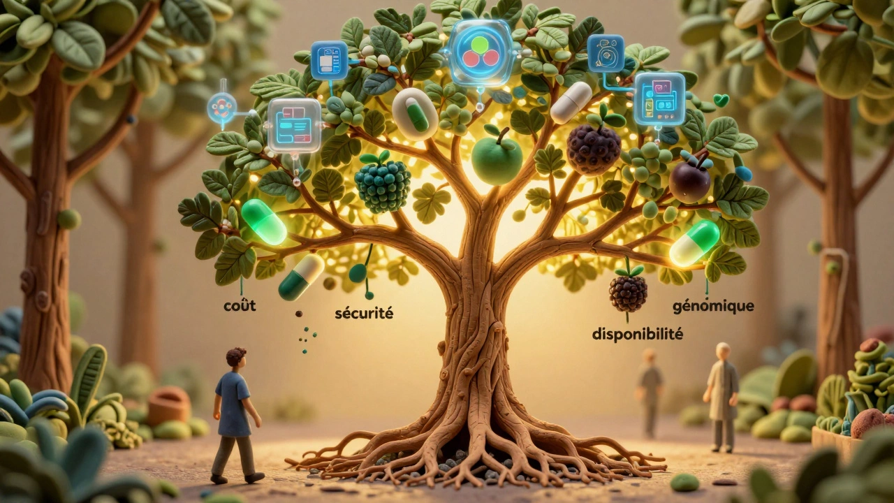 Arbre numérique des formularies hospitaliers avec des fruits-pilules et des flux de données génomiques en argile.