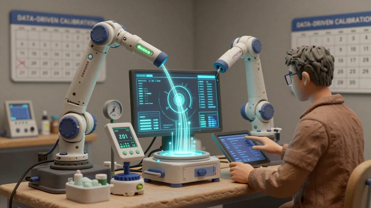 Capteurs IoT en temps réel surveillant des équipements médicaux, avec un technicien et un tableau de bord IA.