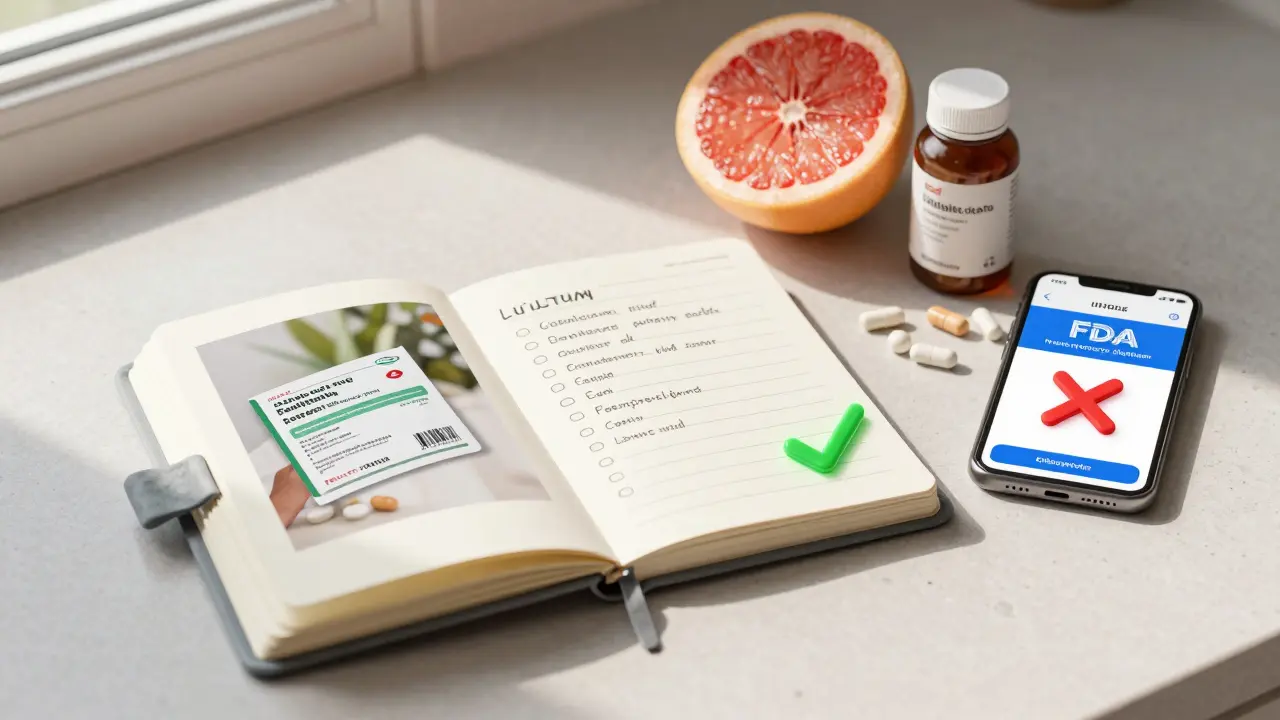 Carnet numérique et liste manuscrite de médicaments sur un comptoir, avec un pamplemousse et une application de vérification d’interactions.