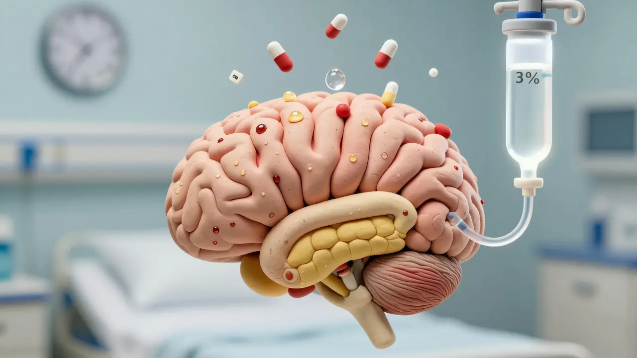 Cerveau en coupe avec des cellules gonflées d'eau, des médicaments qui gouttent et une perfusion saline contrôlée.