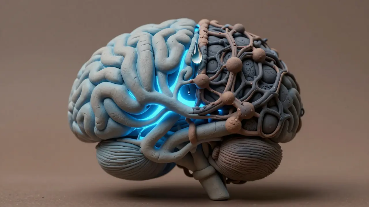 Cerveau en coupe montrant des connexions neuronales bloquées par des molécules de benzodiazépine.