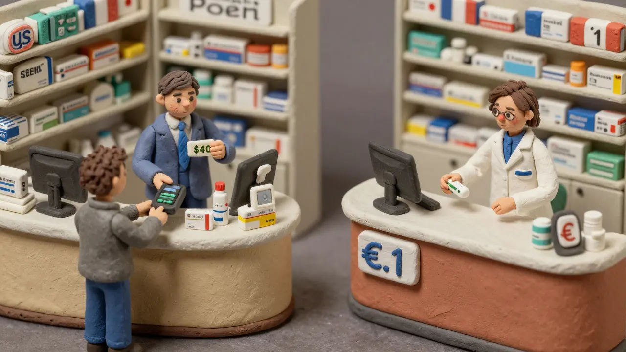 Comparaison entre une pharmacie américaine et une pharmacie française pour le même médicament générique, avec des prix très différents.