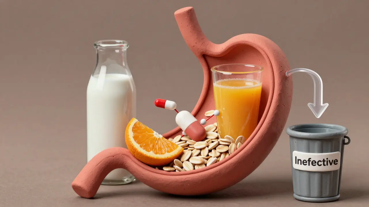 Comprimé bloqué dans l'estomac par du calcium provenant de lait et de jus d'orange, symbole d'inefficacité.
