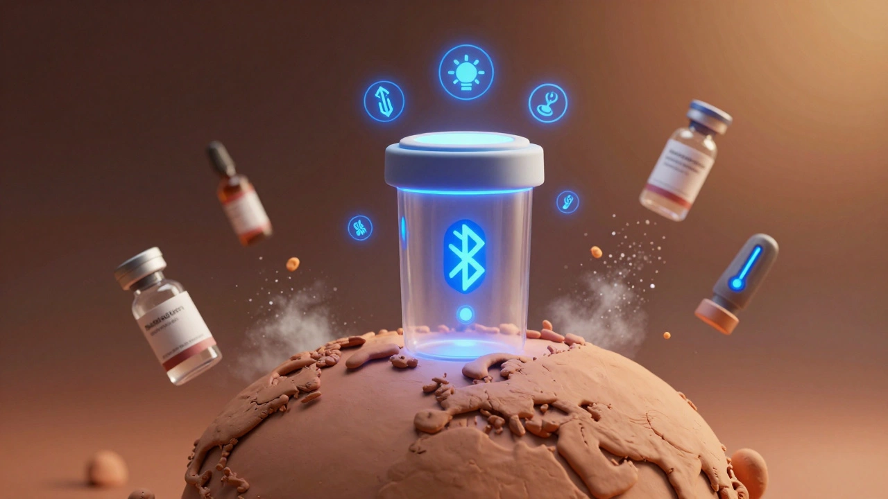 Conteneur intelligent de médicaments avec capteurs de température au-dessus d&#039;un globe, des médicaments endommagés en arrière-plan.