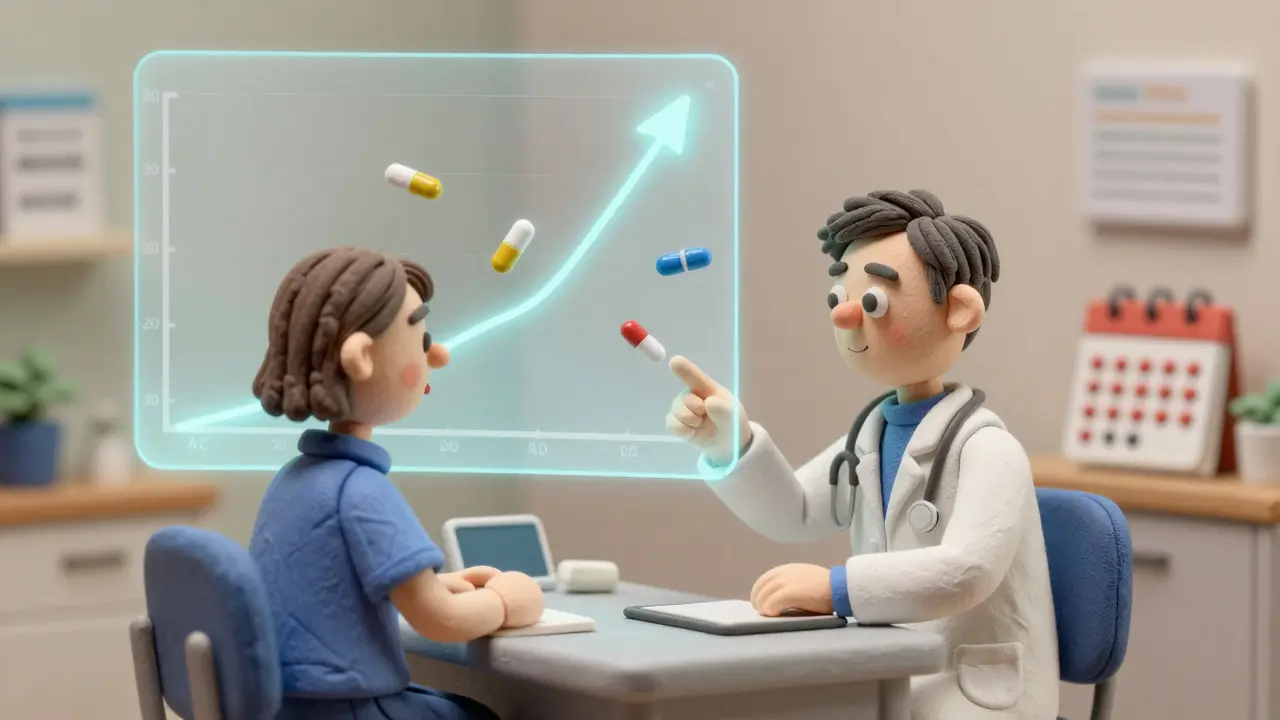 Courbe de Weibull en transparence au-dessus d'un patient et d'un médecin, illustrant le risque des effets secondaires dans le temps.