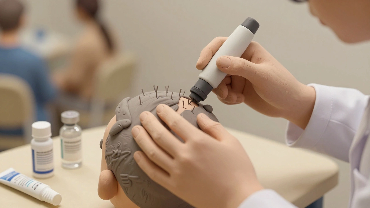 Dermatologue examinant le cuir chevelu avec un dermatoscope, des cheveux en forme de point d&#039;exclamation visibles.