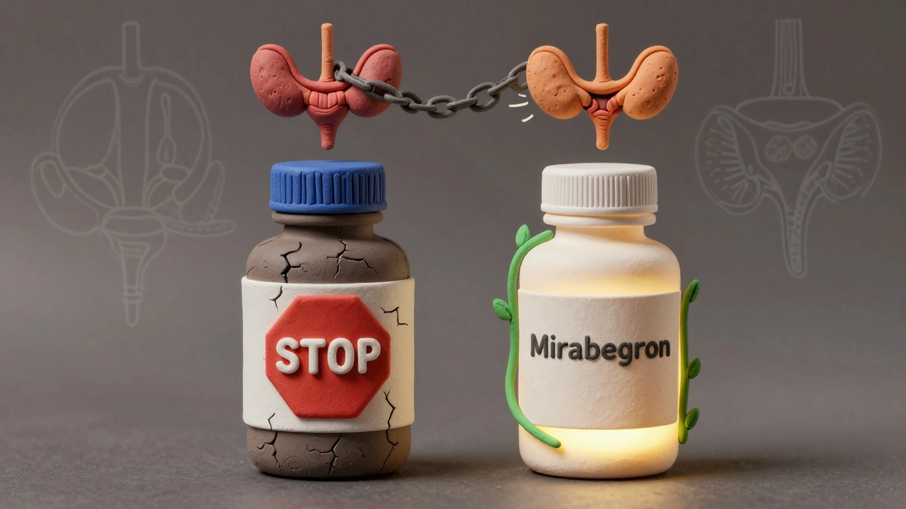 Deux bouteilles de médicaments : l&#039;une dangereuse, l&#039;autre sûre, avec des symboles de vessie et de nerfs.