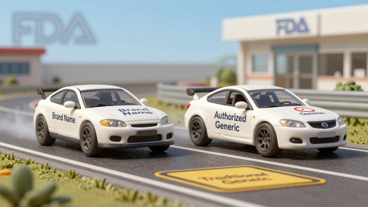 Deux voitures identiques en course contre une troisième avec des pièces différentes, symbolisant les génériques autorisés vs traditionnels.