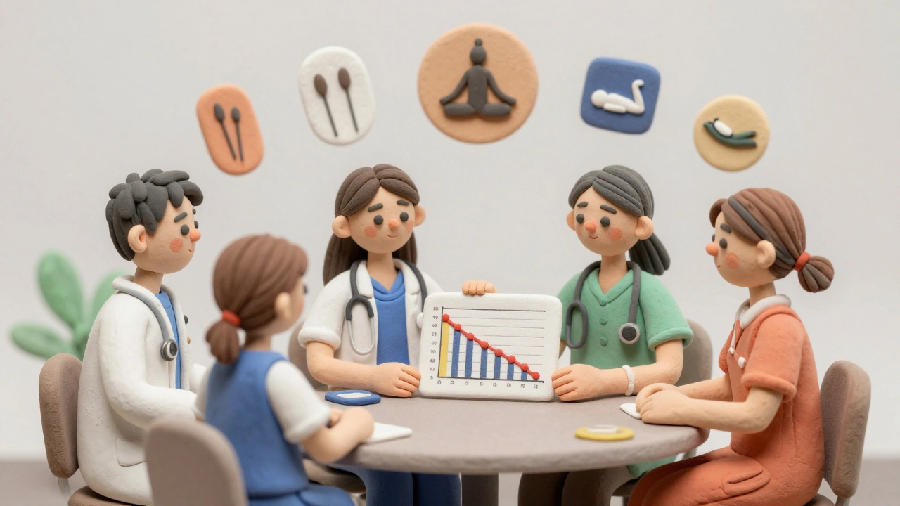 Équipe médicale accompagnant un patient avec un plan de sevrage personnalisé et des symboles de thérapies alternatives.