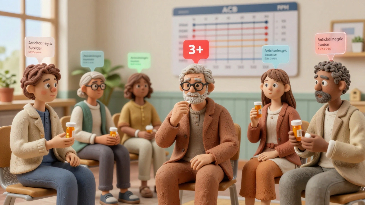 Groupe de patients âgés dans une salle d&#039;attente avec des scores de charge anticholinergique visibles.