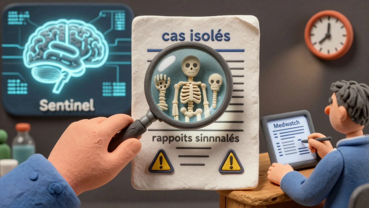 Main tenant une loupe sur une notice médicale, révélant des symboles de risque cachés sous le texte fin.