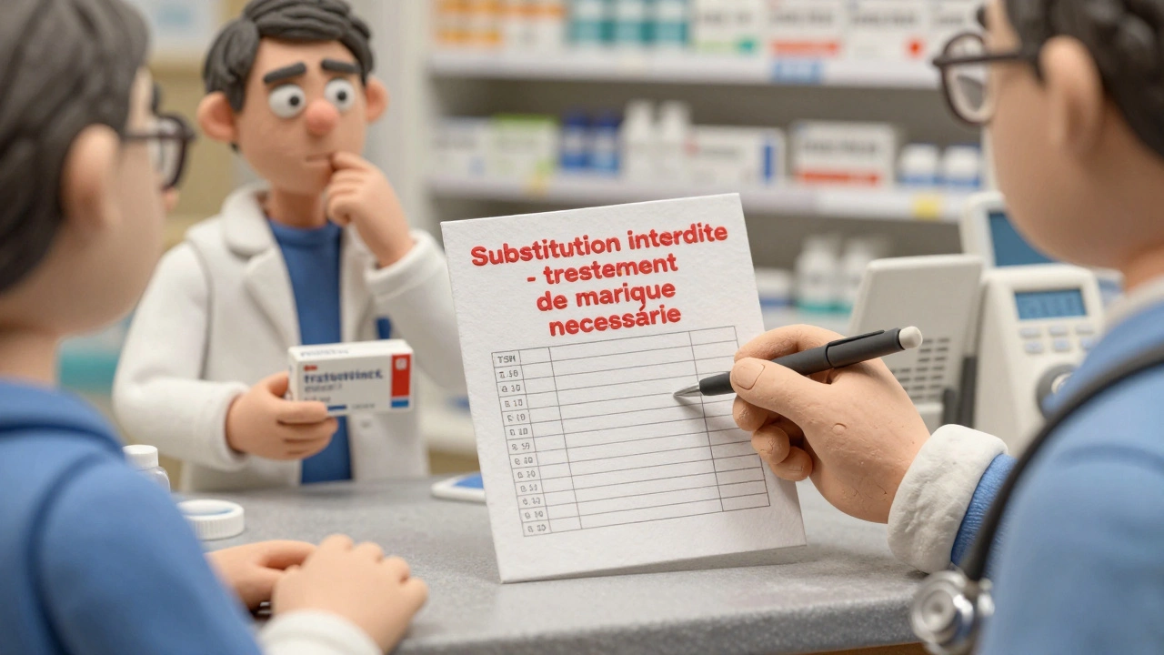 Médecin écrivant une ordonnance avec &#039;Substitution interdite&#039; tandis qu&#039;un patient montre des résultats de laboratoire.