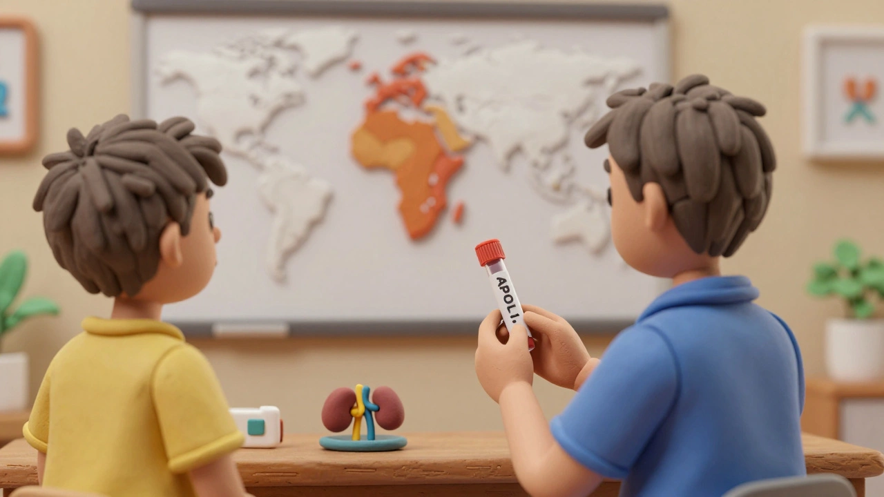 Médecin et patient dans une clinique, un test génétique projette un gène APOL1, avec une carte mondiale des inégalités en arrière-plan.