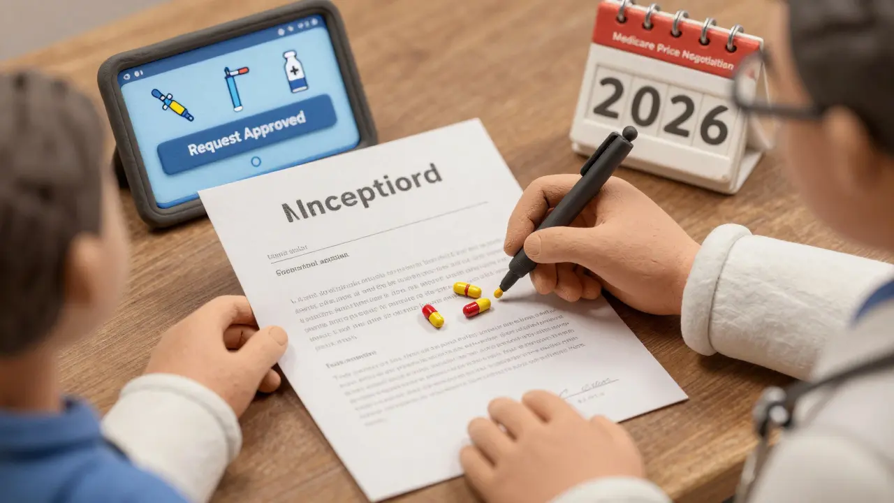 Médecin rédige une demande de dérogation, avec une notification d'approbation et des médicaments en transformation.