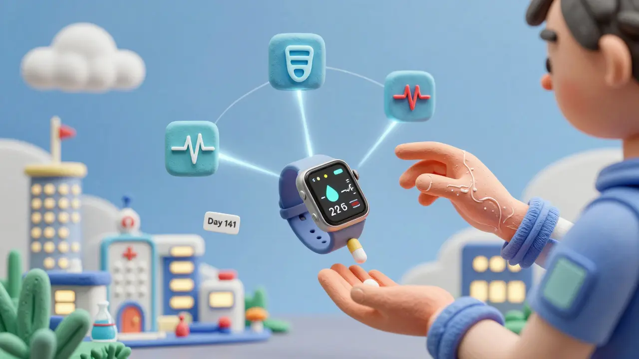 Montre connectée qui surveille en temps réel les effets d'un médicament, reliée à une base de données médicale.