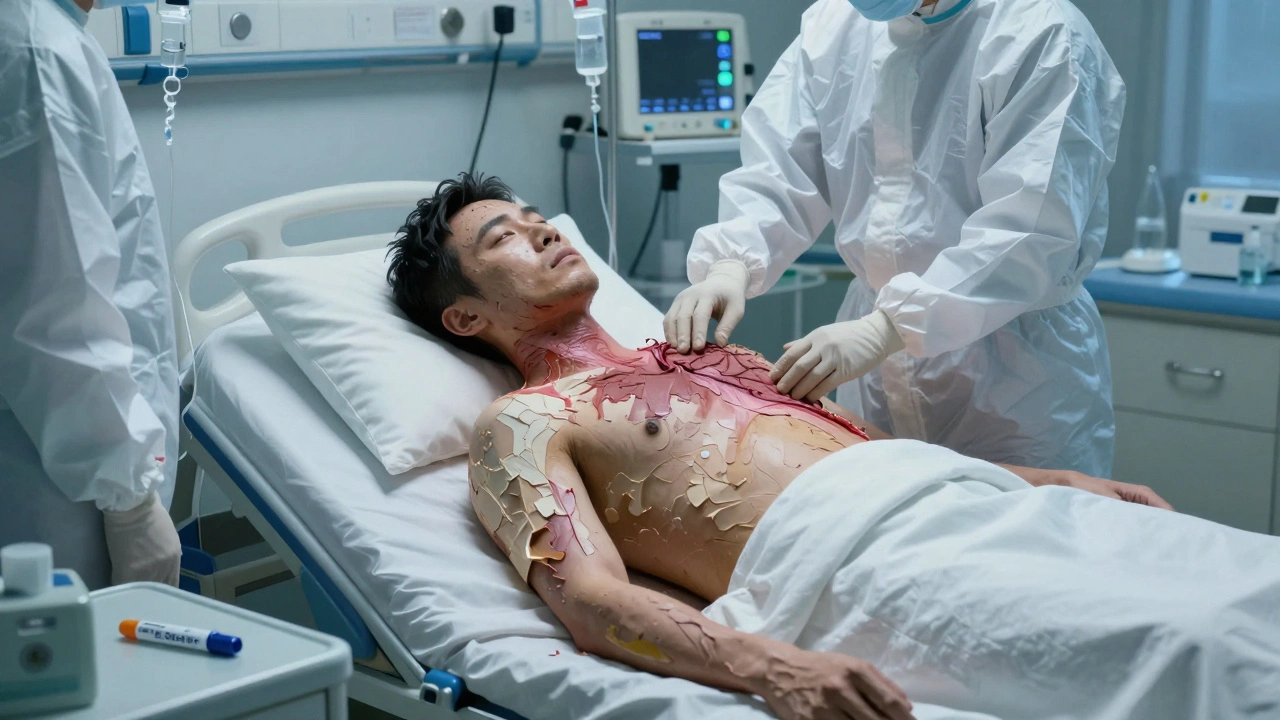 Patient en unité de soins intensifs avec décollement de la peau, entouré d&#039;équipement médical.