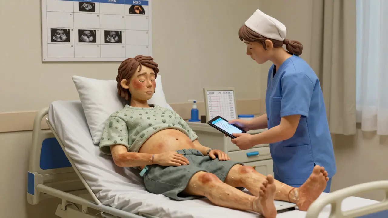 Patient fatigué avec jaunisse et œdèmes, suivi par une infirmière en hôpital.