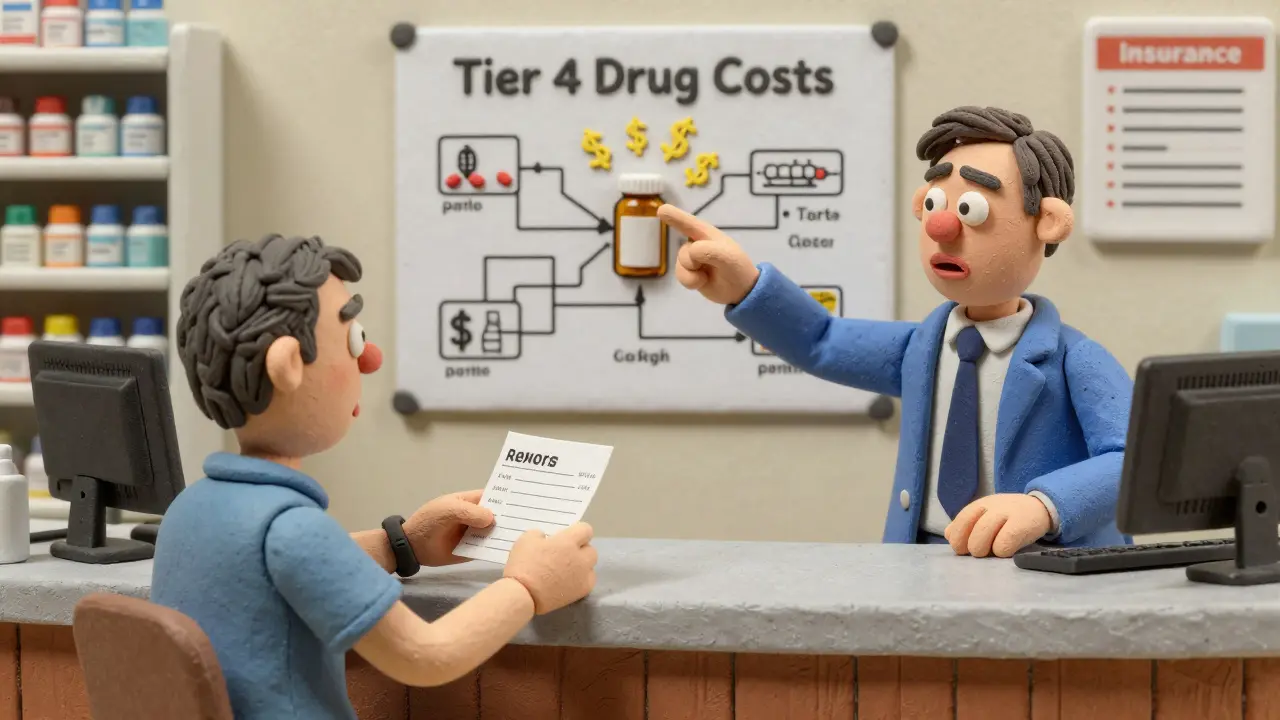 Patient frustré à la pharmacie face à un diagramme complexe de coûts de médicaments.