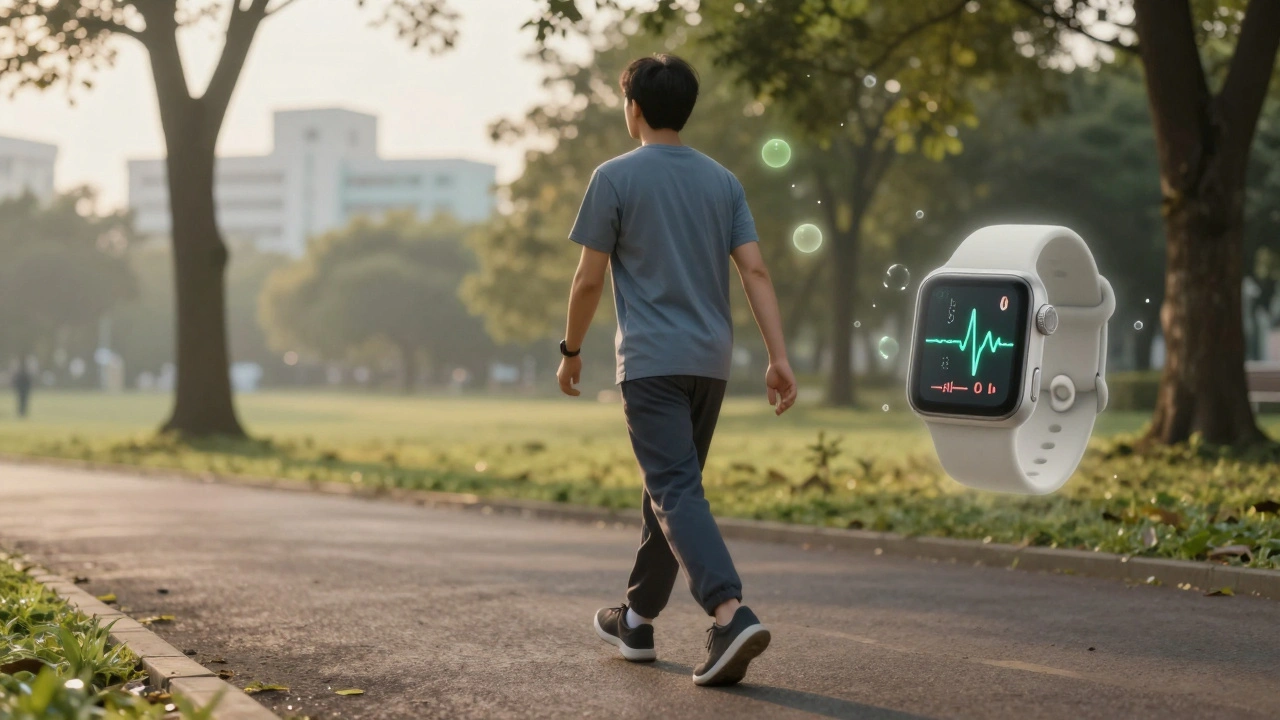 Patient marchant au lever du soleil, entouré de symboles d&#039;endorphines, avec une montre connectée en arrière-plan.