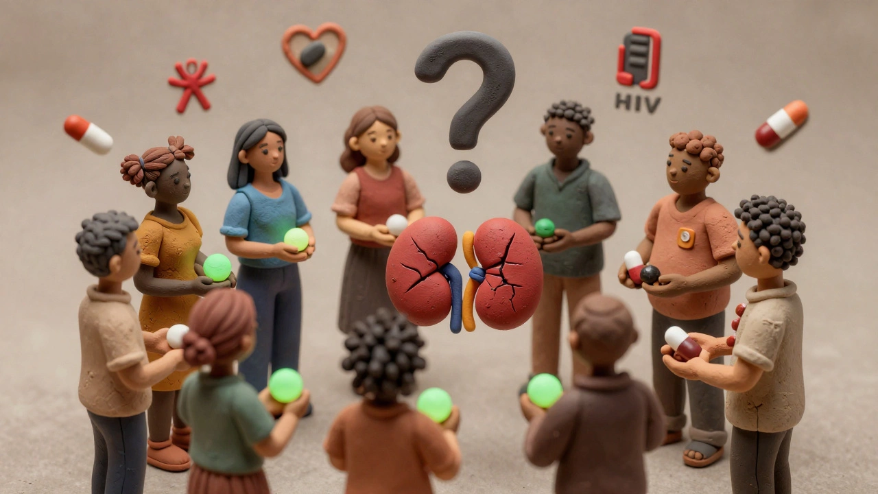 Personnes d&#039;ascendance africaine tenant des reins en argile, certains sains, d&#039;autres endommagés, avec des symboles de risques environnants.