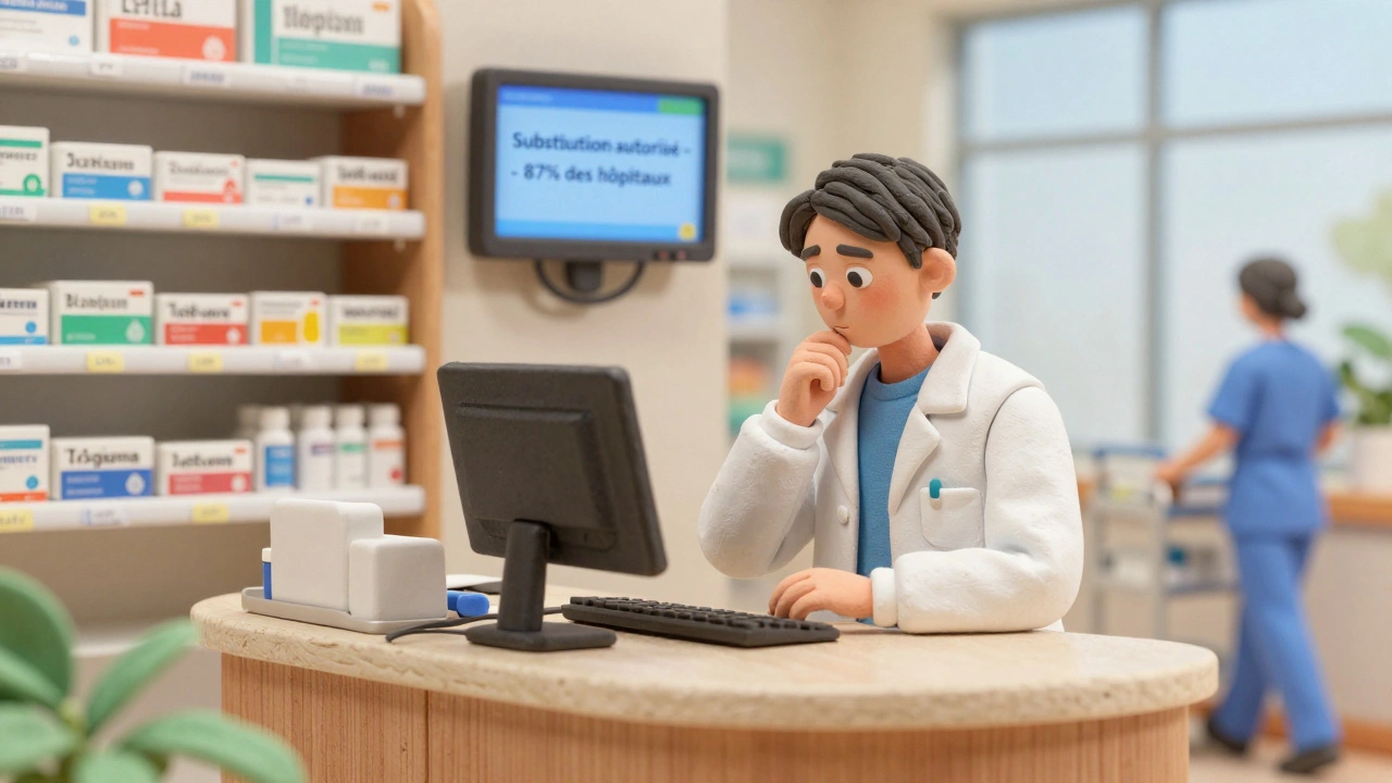 Pharmacien en remplacement automatique d&#039;un médicament générique pour un médecin dans une pharmacie d&#039;hôpital.