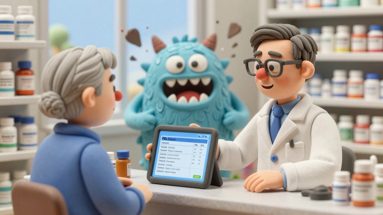 Pharmacien expliquant à un patient l&#039;authenticité d&#039;un générique grâce à la base de données de la FDA.