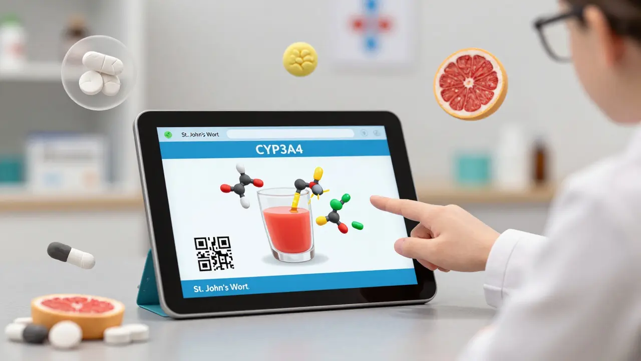 Pharmacien montrant un code QR qui projette une animation de l’enzyme CYP3A4 bloquée par du jus de pamplemousse.