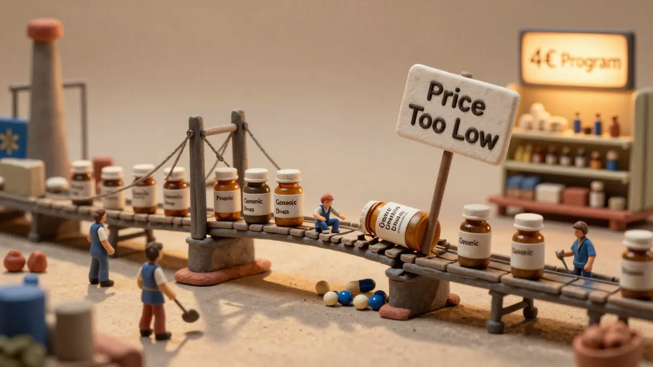 Pont de pilules qui s'effondre sous un prix trop bas, tandis qu'une offre à 4 € brille au loin sur une étagère de supermarché.