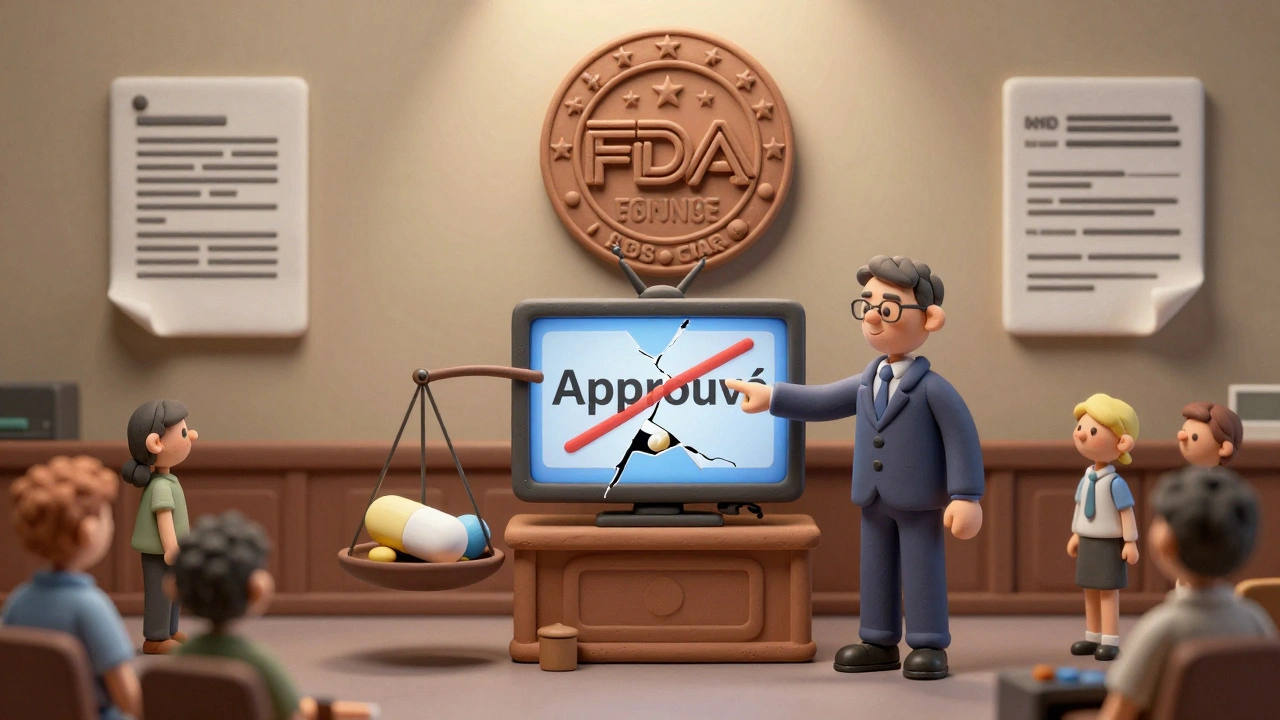 Scène de tribunal avec un sceau de la FDA et une publicité mensongère détruite devant une balance de médicaments.