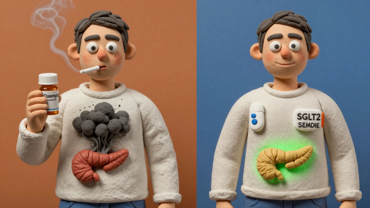 Scène divisée : à gauche, un patient à risque avec un médicament et un nuage d&#039;inflammation ; à droite, le même patient en bonne santé avec des alternatives.