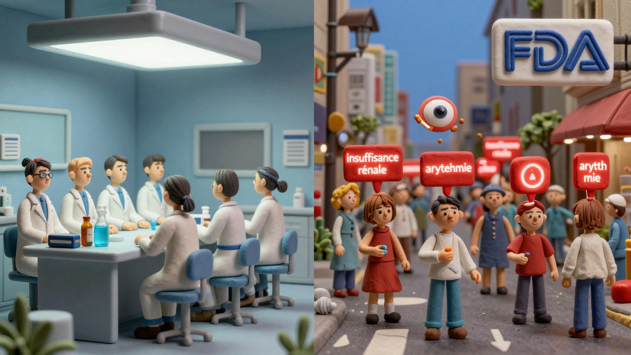 Scène divisée : essais cliniques ordonnés à gauche, effets secondaires émergents dans la rue à droite.