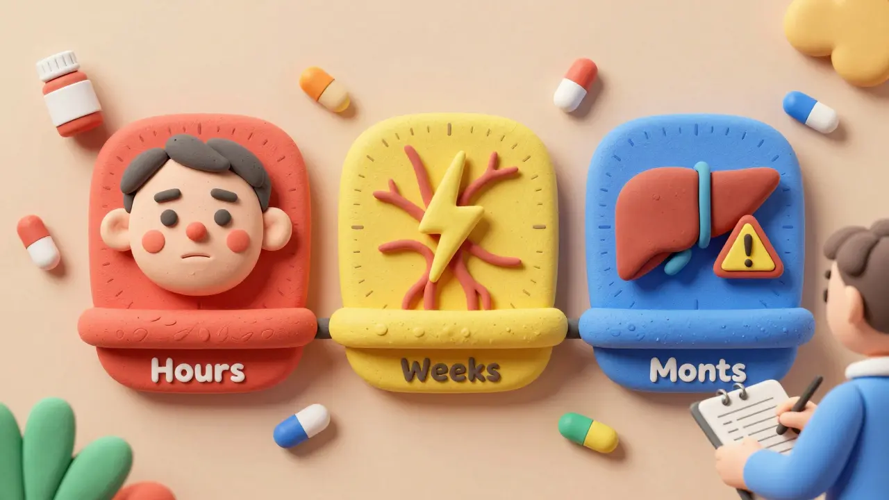 Schémas de délai d'apparition des effets secondaires selon les classes de médicaments