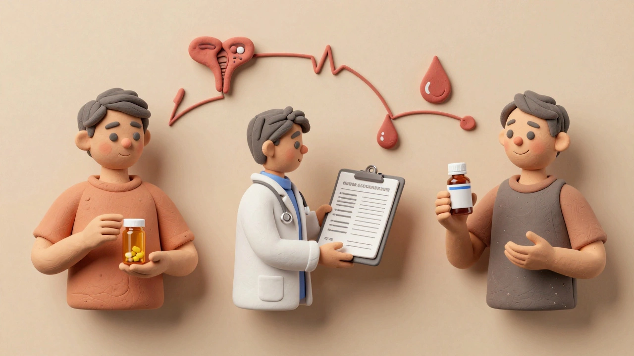 Séquence en trois parties montrant un patient passant du générique à la marque de médicament sous supervision médicale.