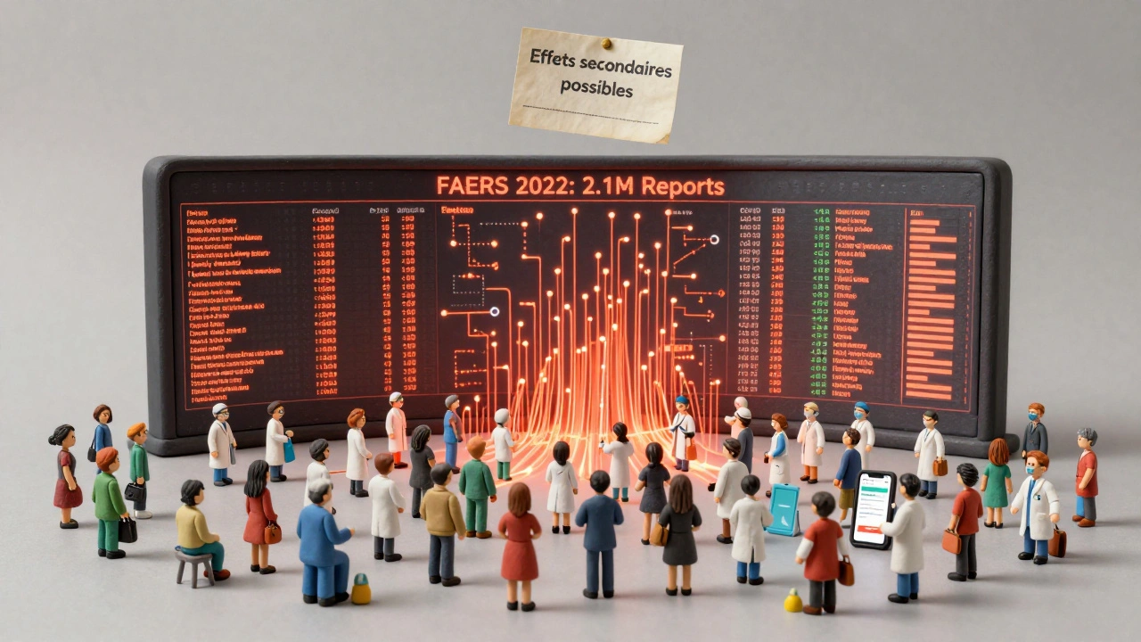 Tableau numérique géant affichant 2,1 millions de signalements d&#039;effets secondaires, issu de milliers de patients dans la vie réelle.