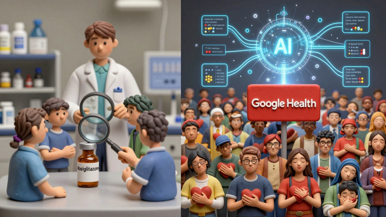 Timeline en deux parties : essai clinique des années 90 à gauche, et foule de patients réels avec signaux d&#039;alerte à droite, reliés par un algorithme.