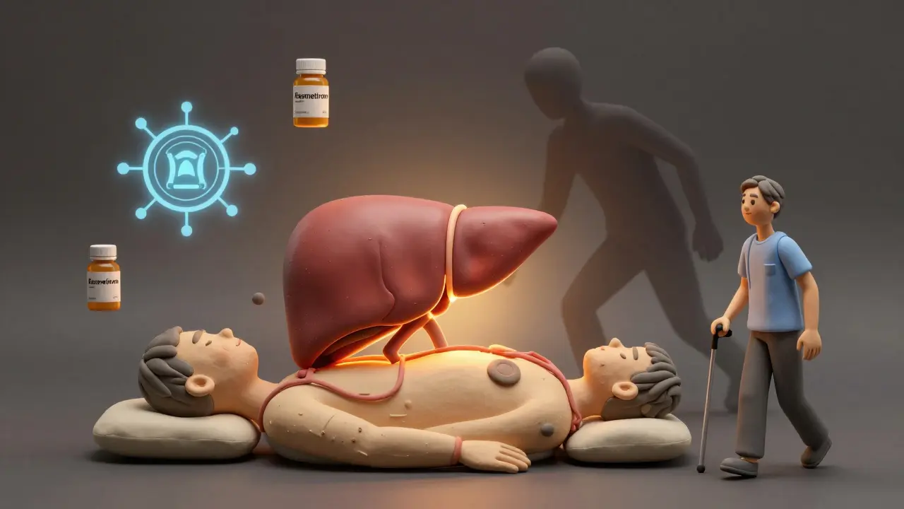 Transplantation de foie avec symboles de progrès médical en style argile.