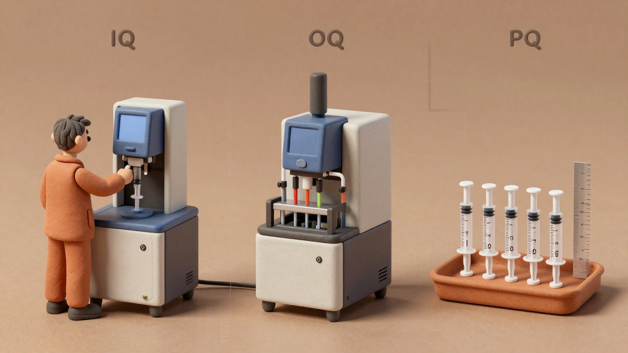 Trois étapes de validation d&#039;une machine de remplissage de seringues : installation, test et performance.