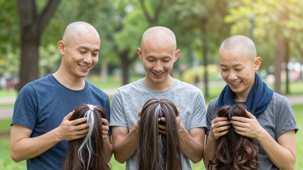 Trois personnes avec différentes formes d&#039;alopecia areata, souriant ensemble dans un parc, des cheveux qui repoussent en blanc.