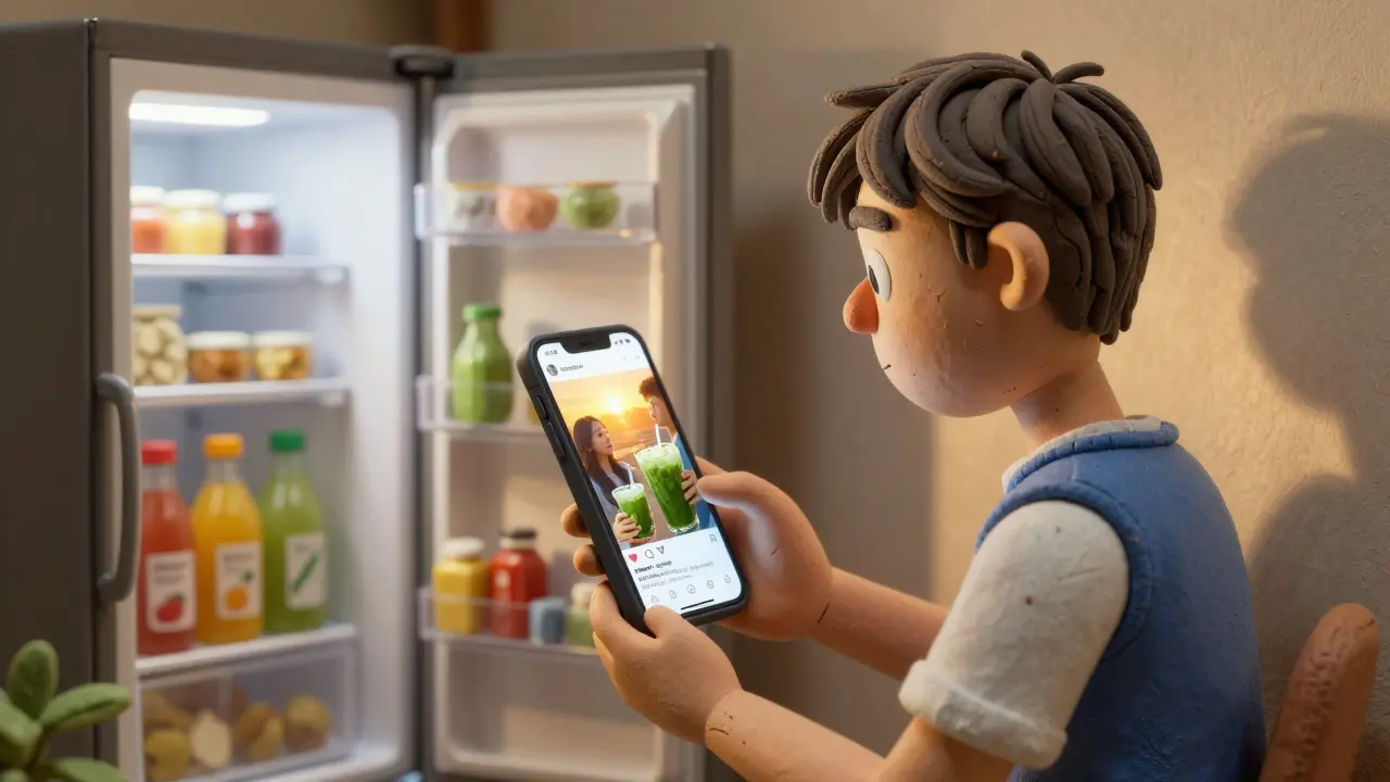 Un adolescent regarde son téléphone rempli de vidéos de smoothies verts, tandis que son frigo reste vide.