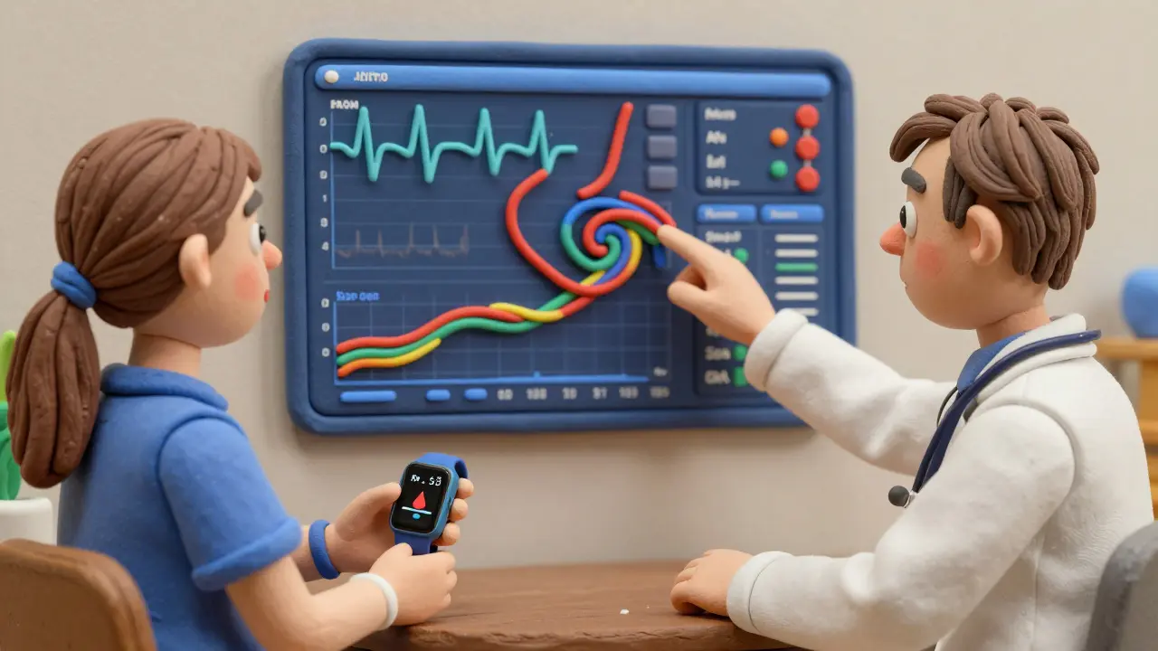 Un médecin et un patient examinent ensemble des données de santé en forme de rubans colorés en argile.