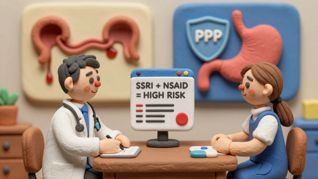 Un médecin et un patient regardent une alerte médicale sur un écran, avec un estomac protégé en arrière-plan.