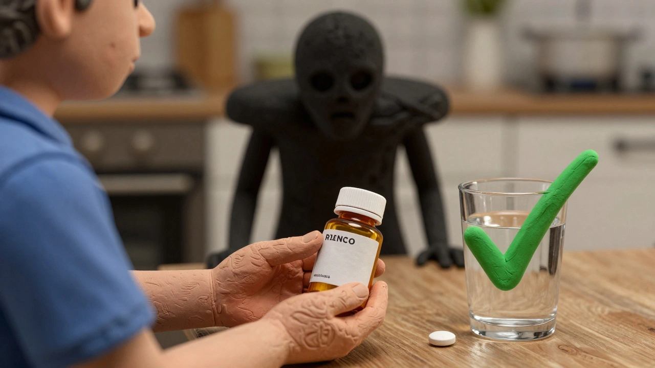 Un patient âgé avec des médicaments, un sel noir ombrageux derrière lui, un paracétamol en sécurité à côté.