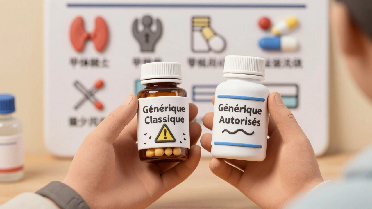 Un pharmacien remet deux types de génériques à un patient, l&#039;un avec un symbole d&#039;avertissement.