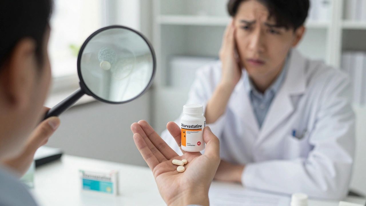 Un pharmacien remet deux types de génériques différents à un patient, avec des différences visibles dans la forme et la couleur.