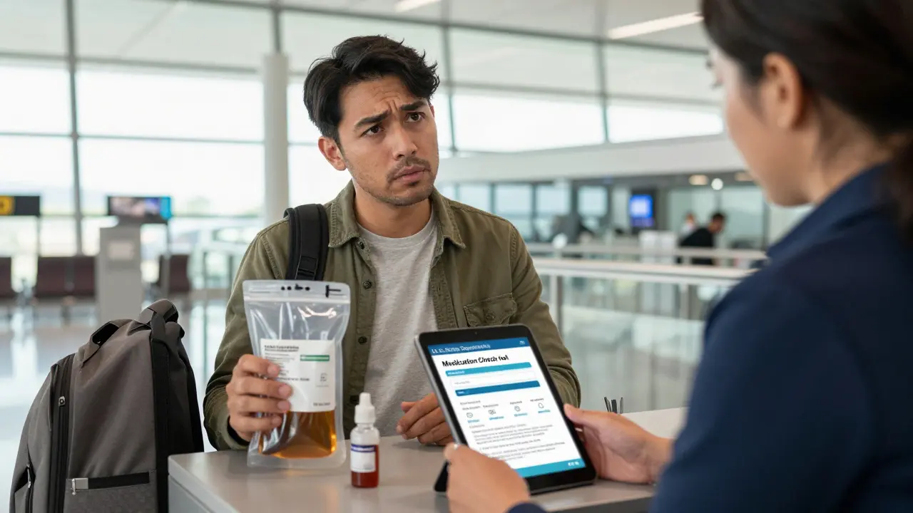 Un voyageur explique à un agent de sécurité qu'il transporte de l'insuline liquide, avec un sac transparent et un écran affichant un outil de vérification médicale.
