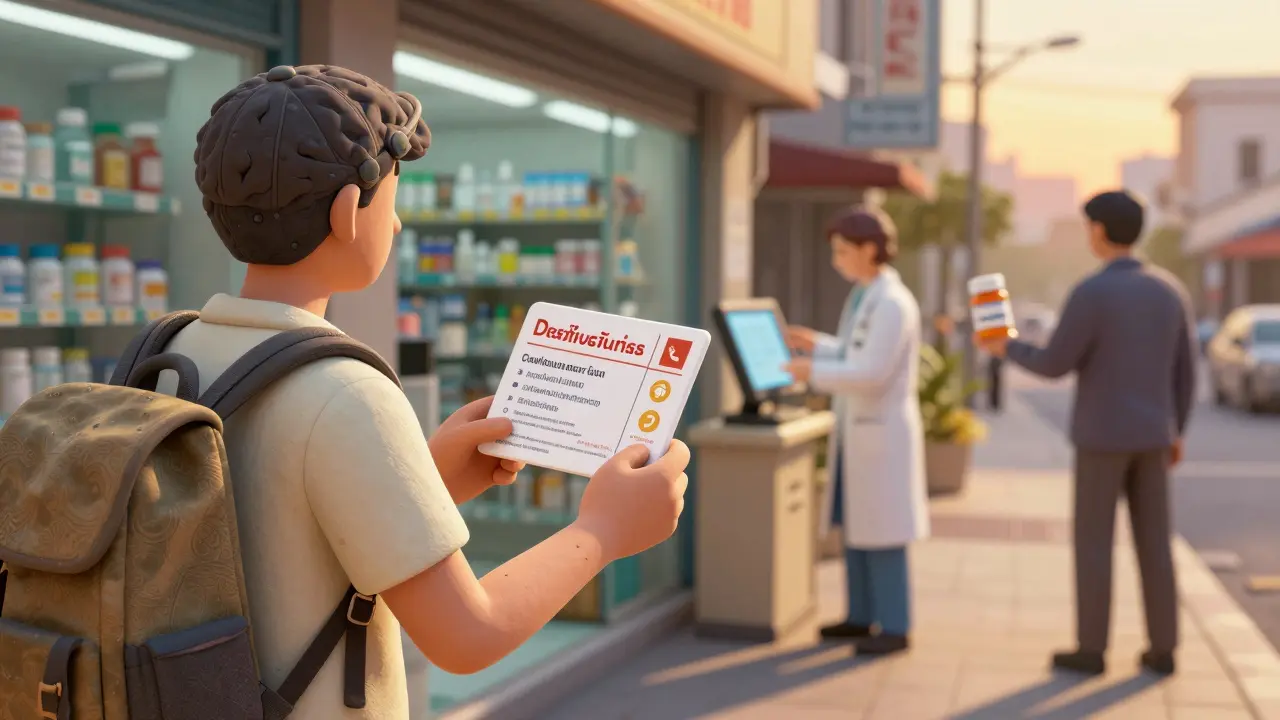 Un voyageur tient une fiche médicale multilingue devant une pharmacie étrangère, tandis qu'une bouteille confisquée est visible dans l'ombre.